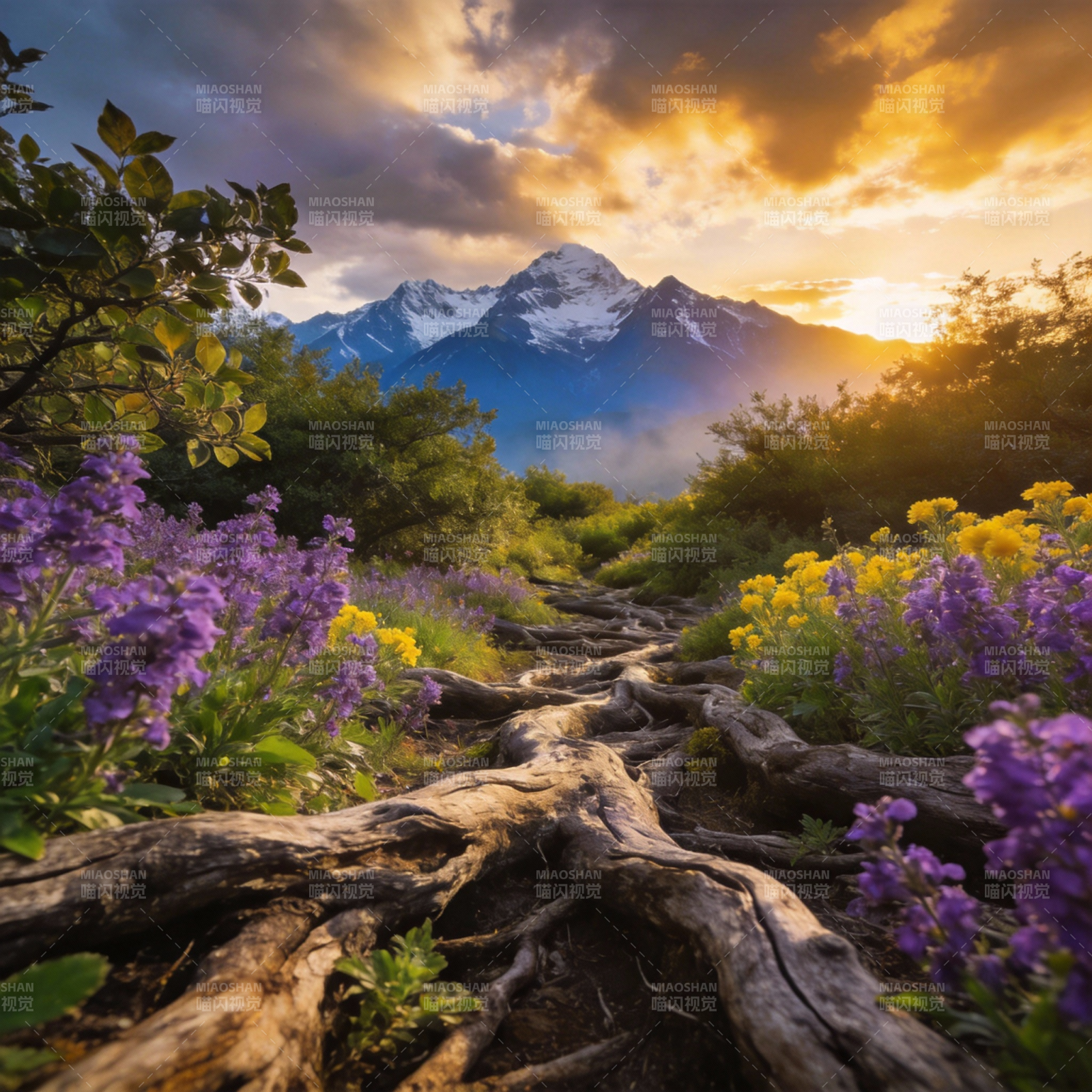 山野花径日出图片