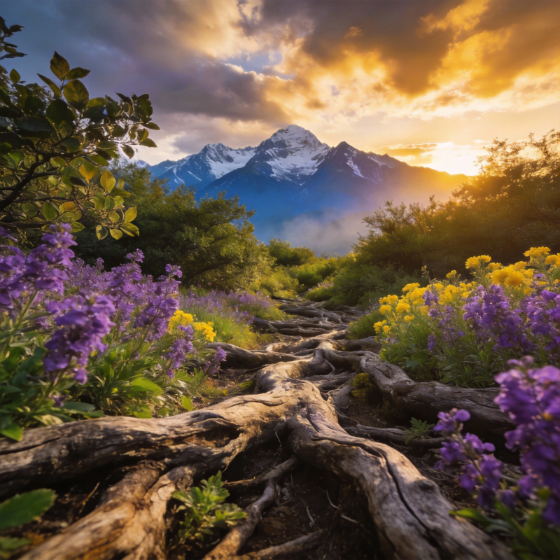 山野花径日出图片