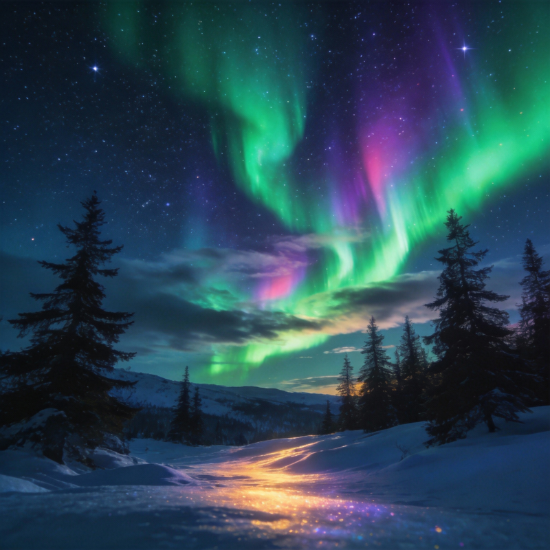 极光映雪夜图片