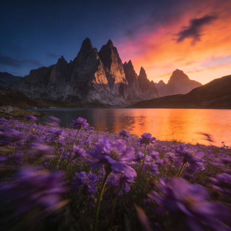 紫花映山湖日落图片