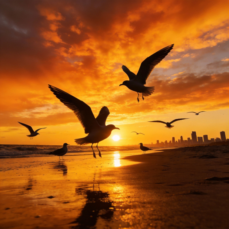 夕阳海鸥剪影图片