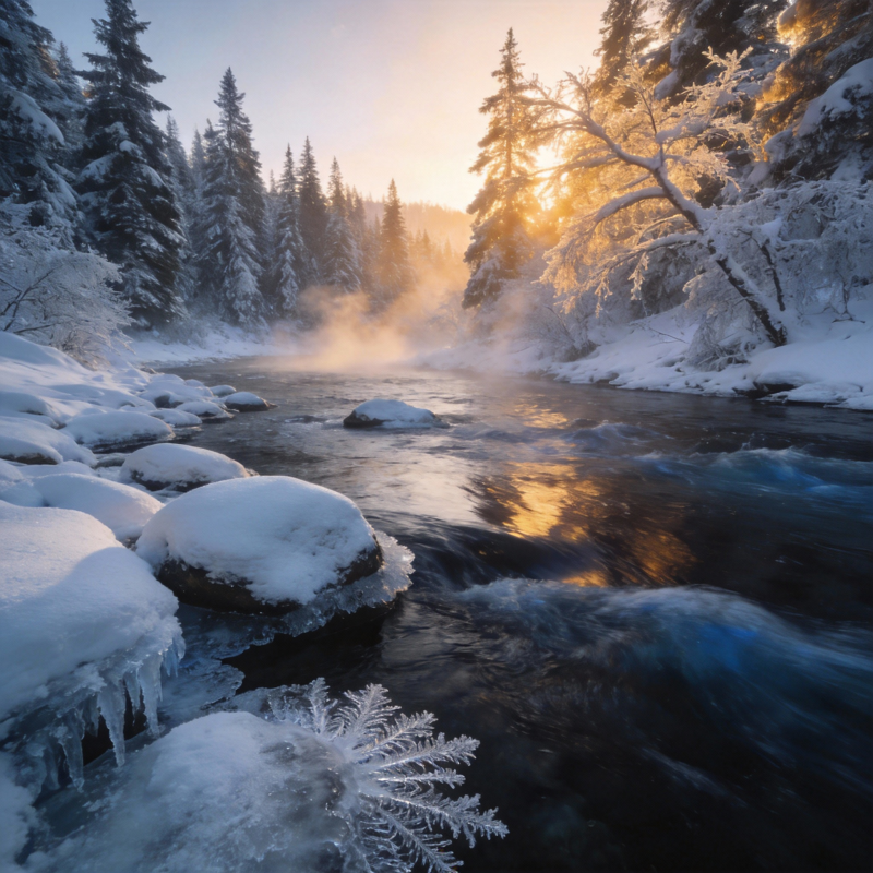 冬日溪流晨曦图片