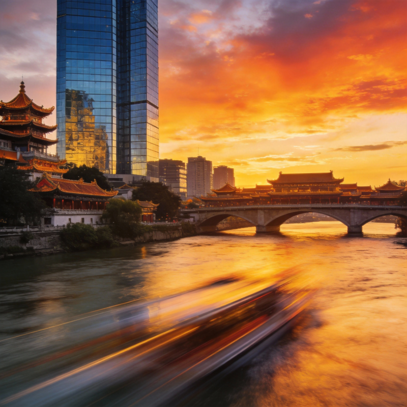 夕阳映桥城图片