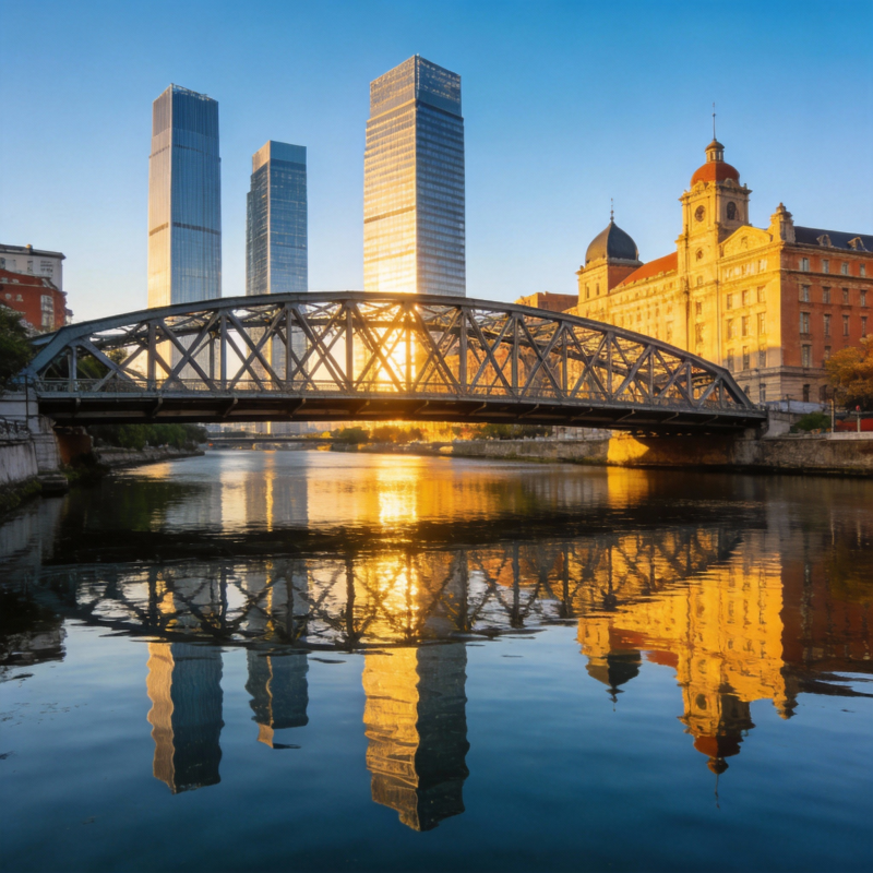 城市晨光倒影图片