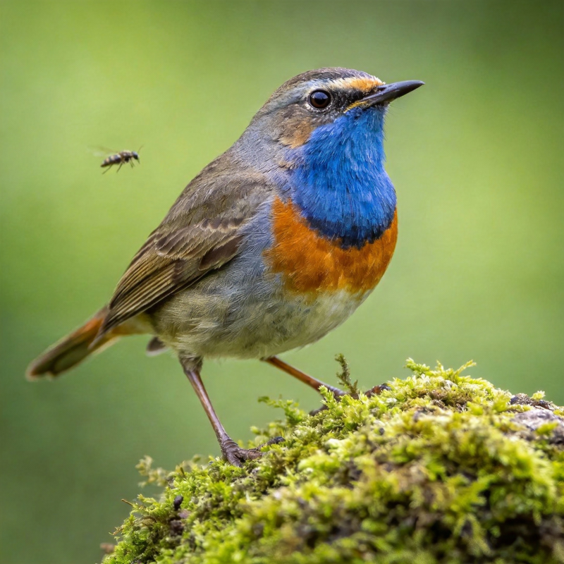 蓝喉歌鸲栖息于苔藓之上图片