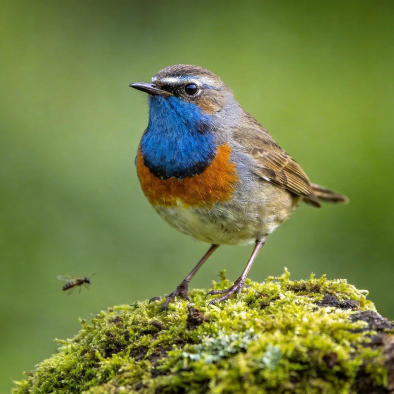 蓝喉歌鸲栖息于苔藓之上图片