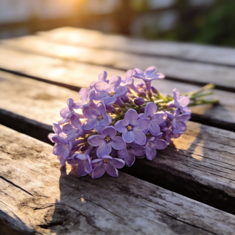 紫丁香静置于木桌图片