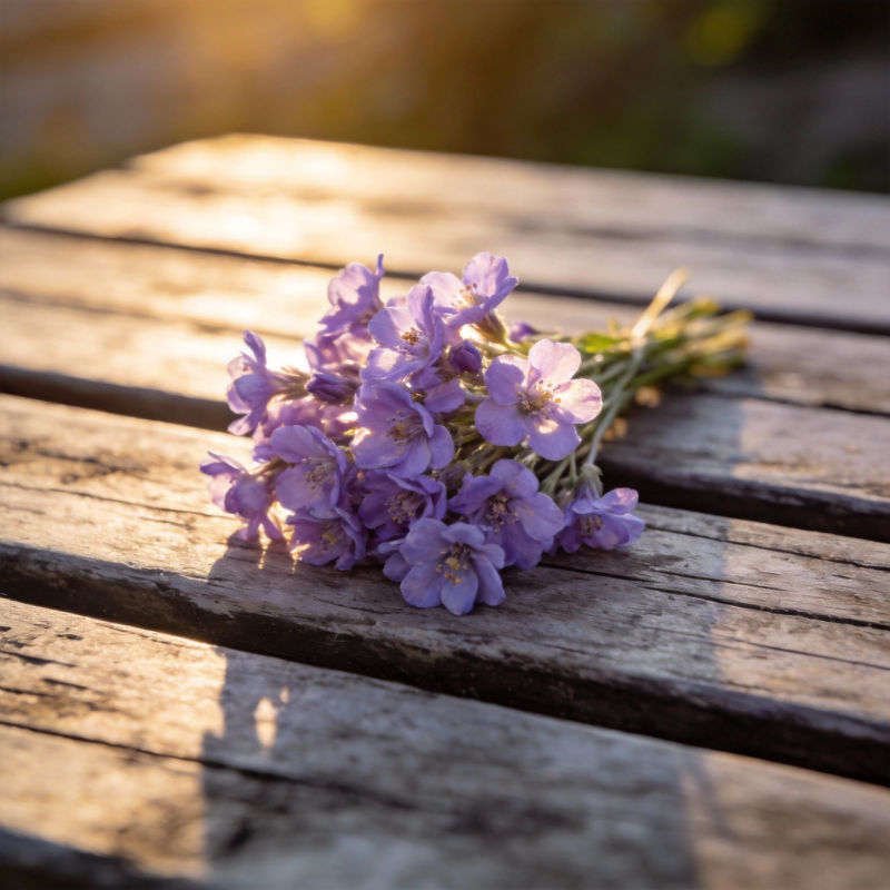 紫花静置于木桌图片