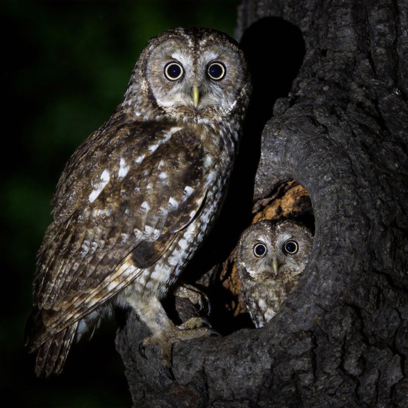 猫头鹰母子树洞栖息图片