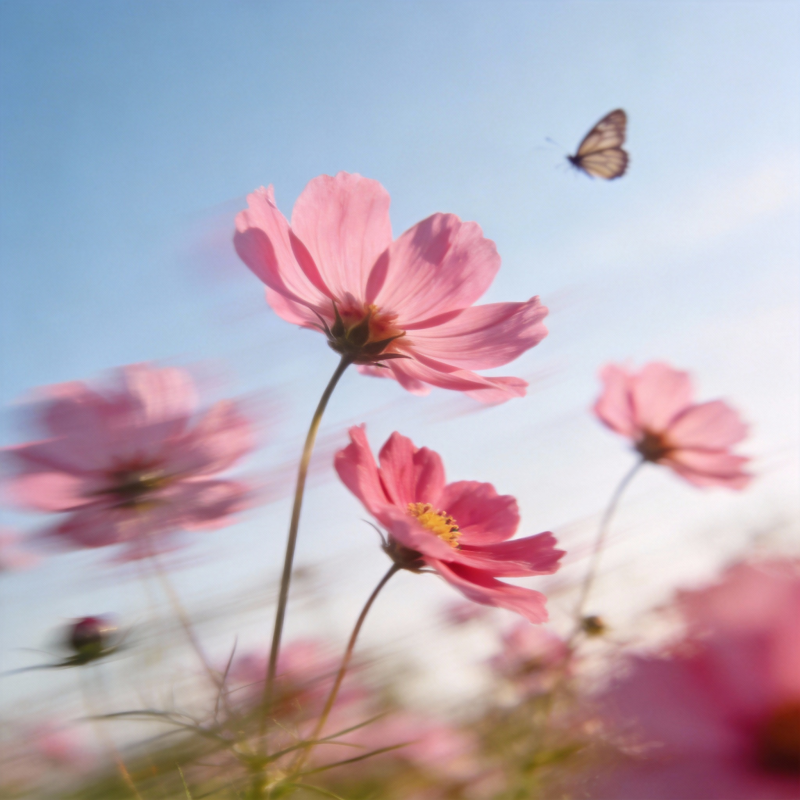 粉花蝶舞蓝天图片