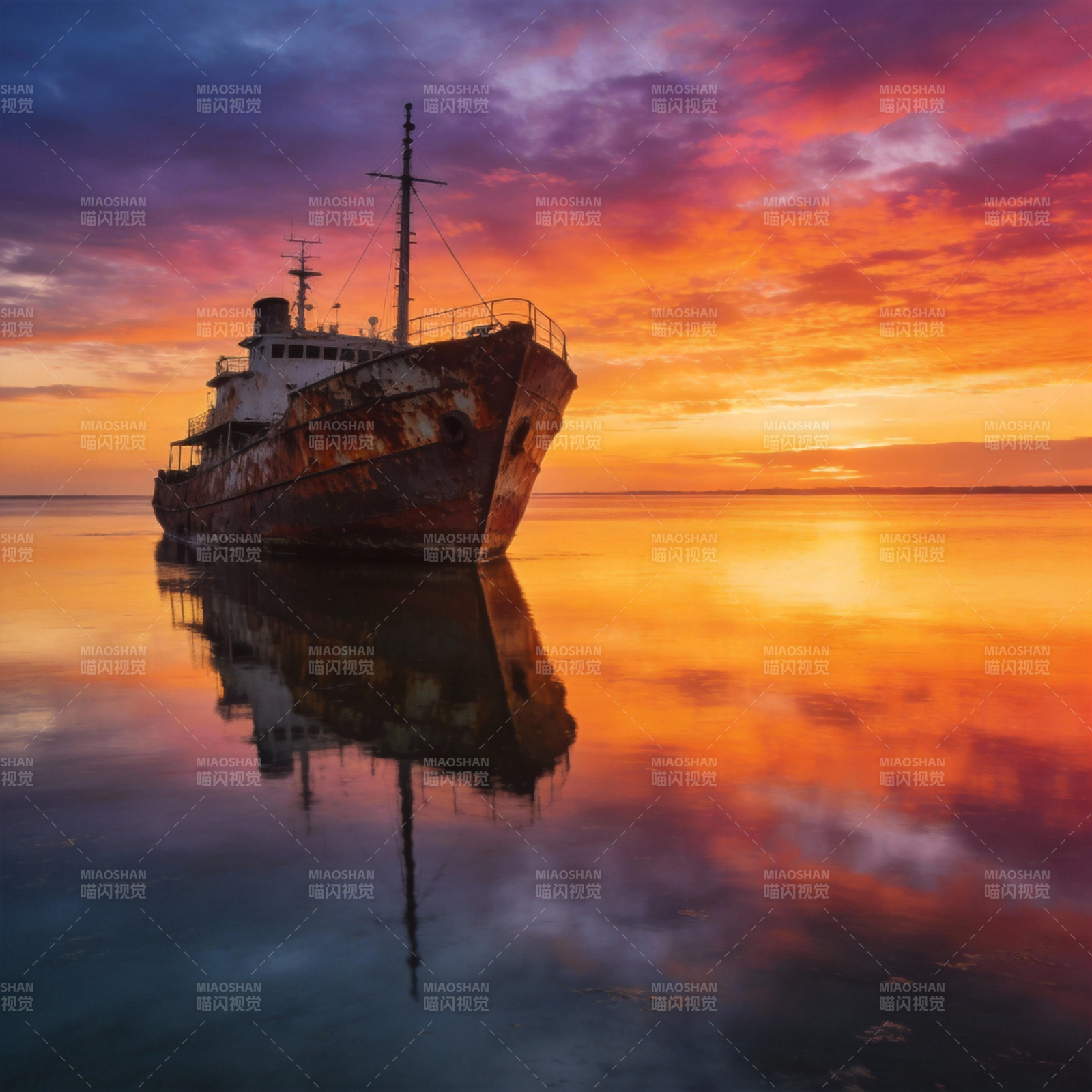 夕阳下的沉船图片
