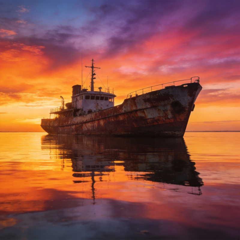 夕阳下的沉船图片