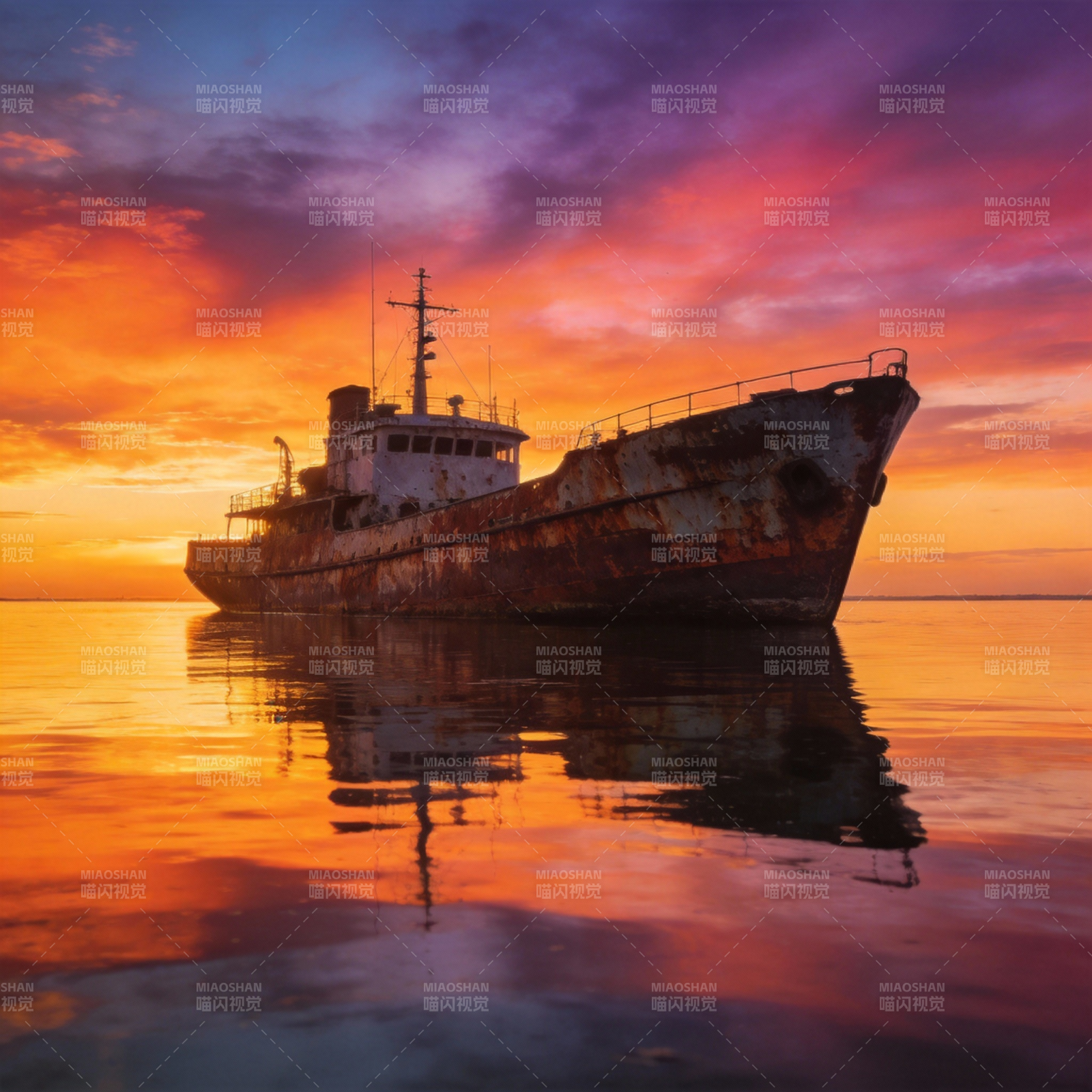夕阳下的沉船图片