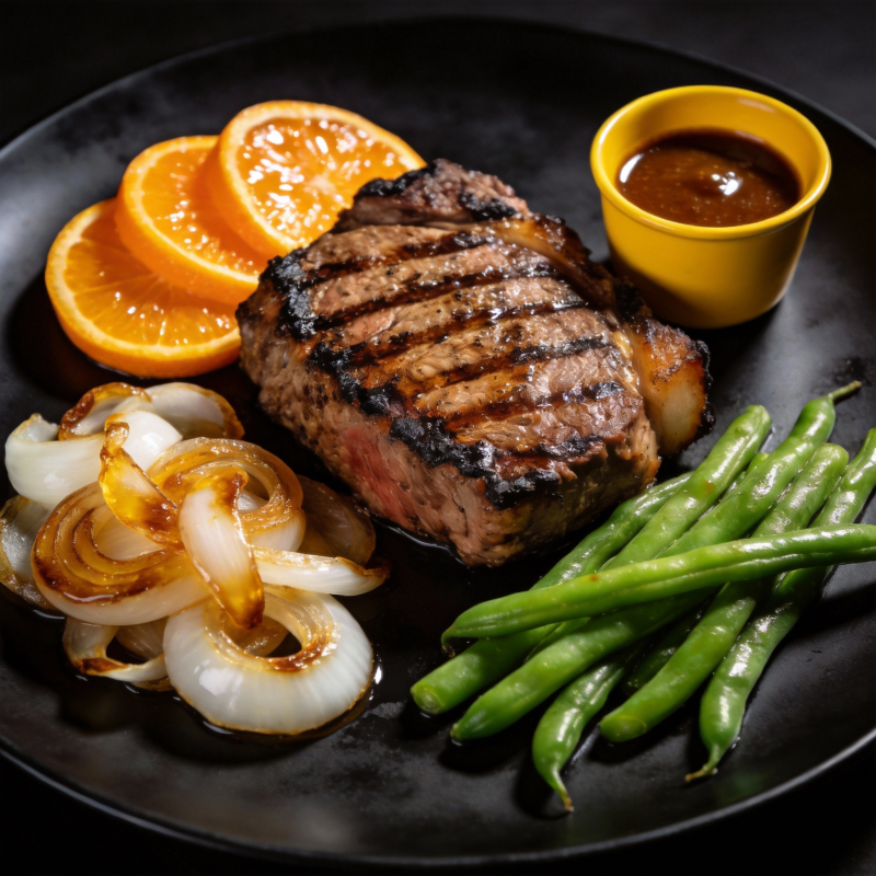 烤牛排配橙片与青豆图片