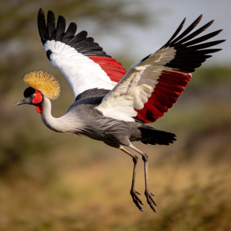 灰冠鹤展翅飞翔图片