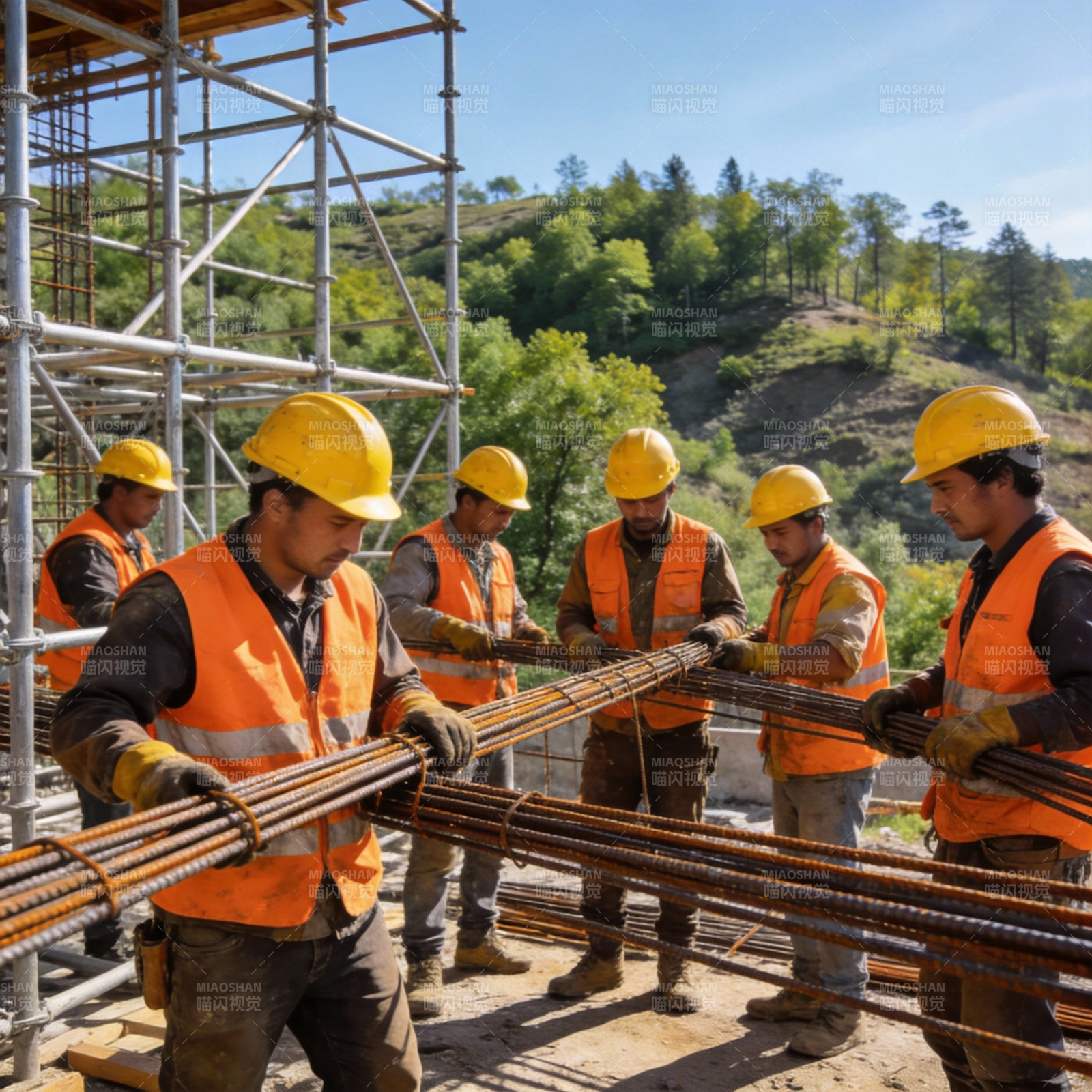 工人们搬运钢筋图片