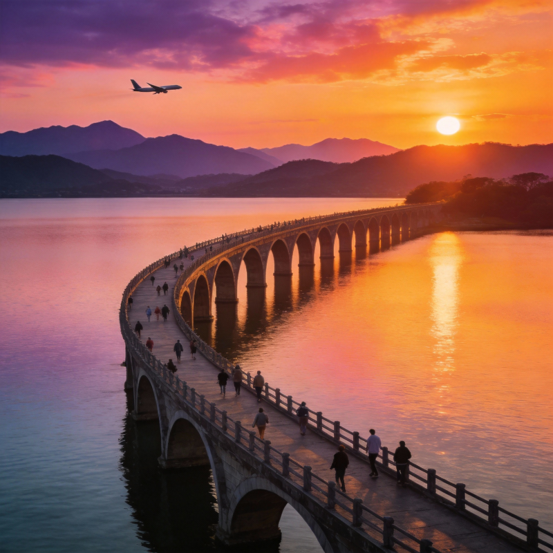 日落桥影人行图片