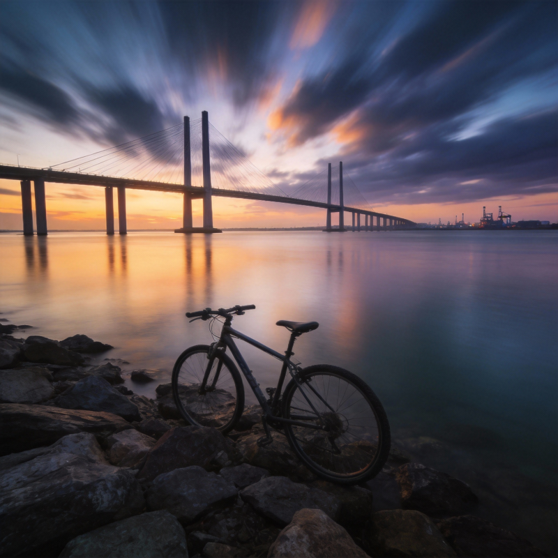 桥畔单车暮色美图片