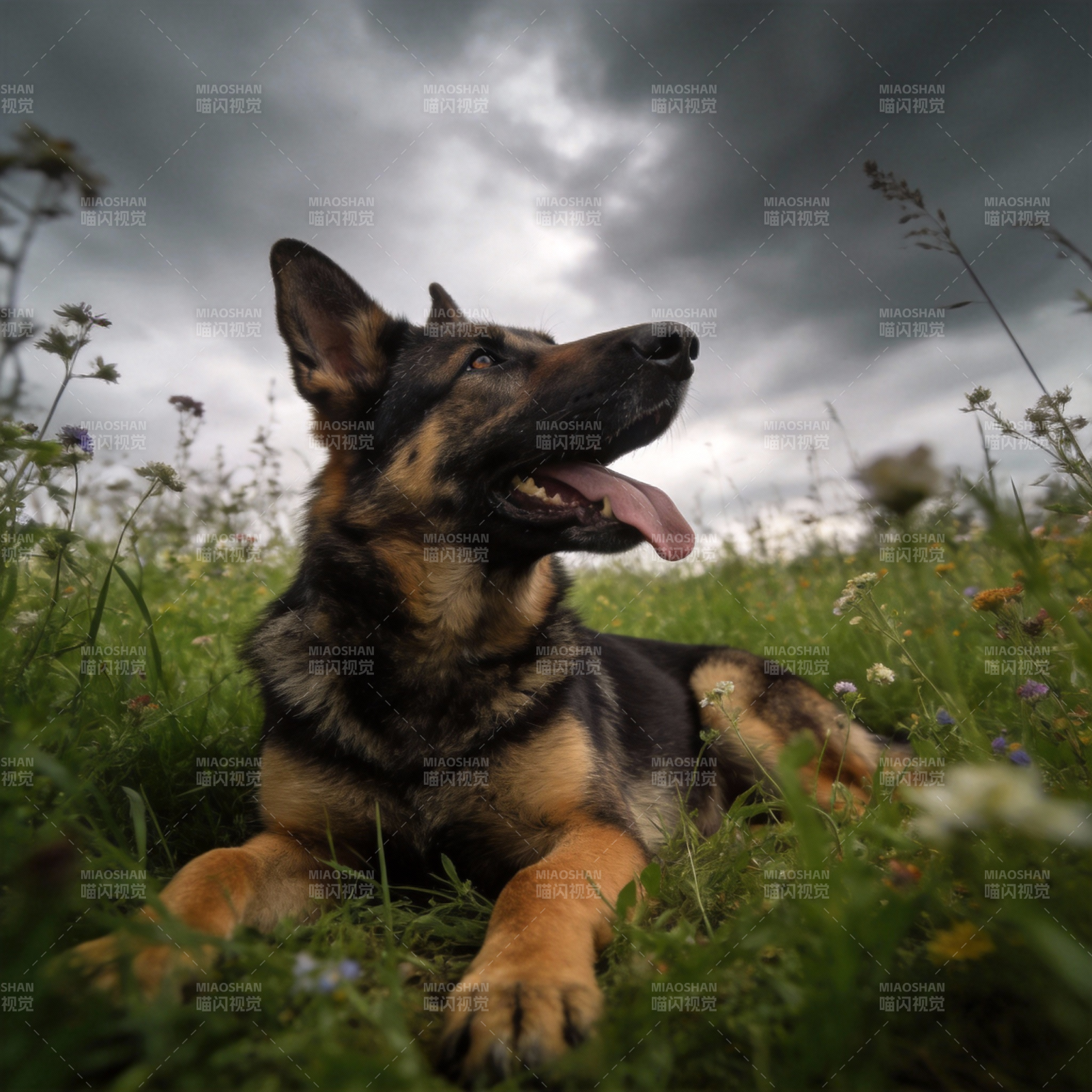 德牧草地上休憩图片