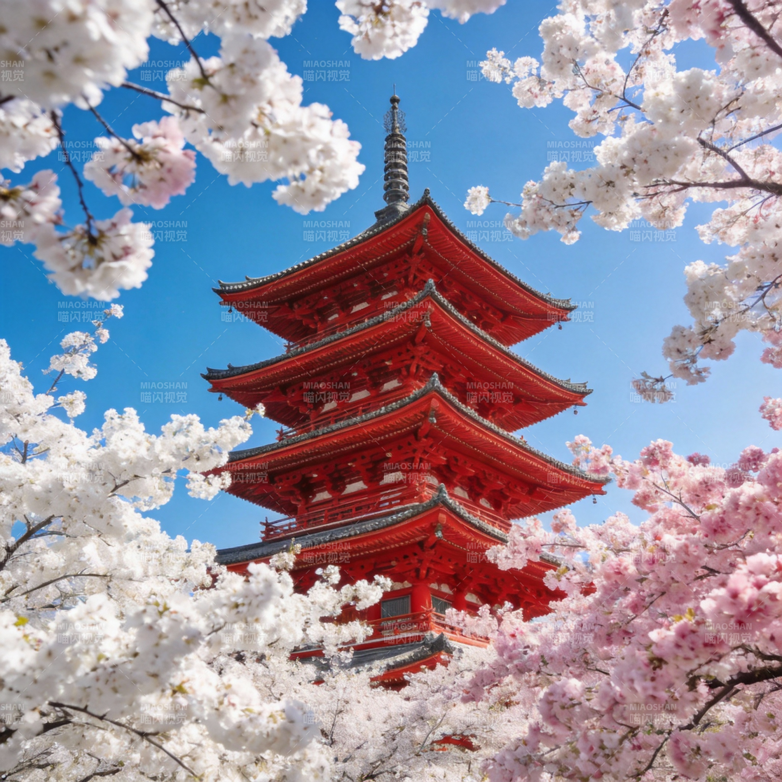 樱花映塔 春意盎然图片