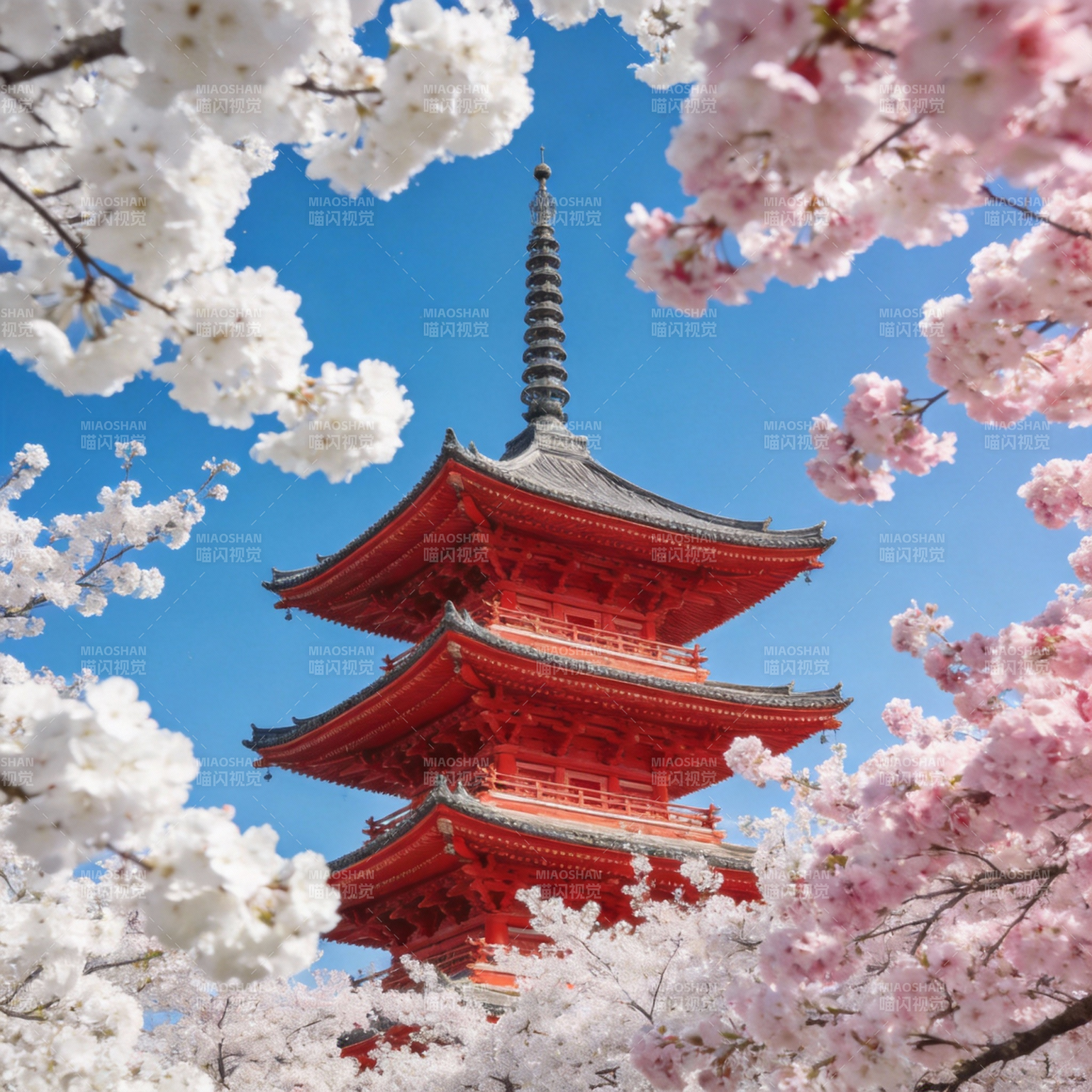 樱花映塔图片
