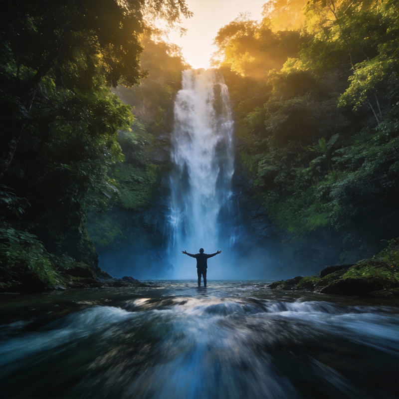 瀑布前的自由之影图片