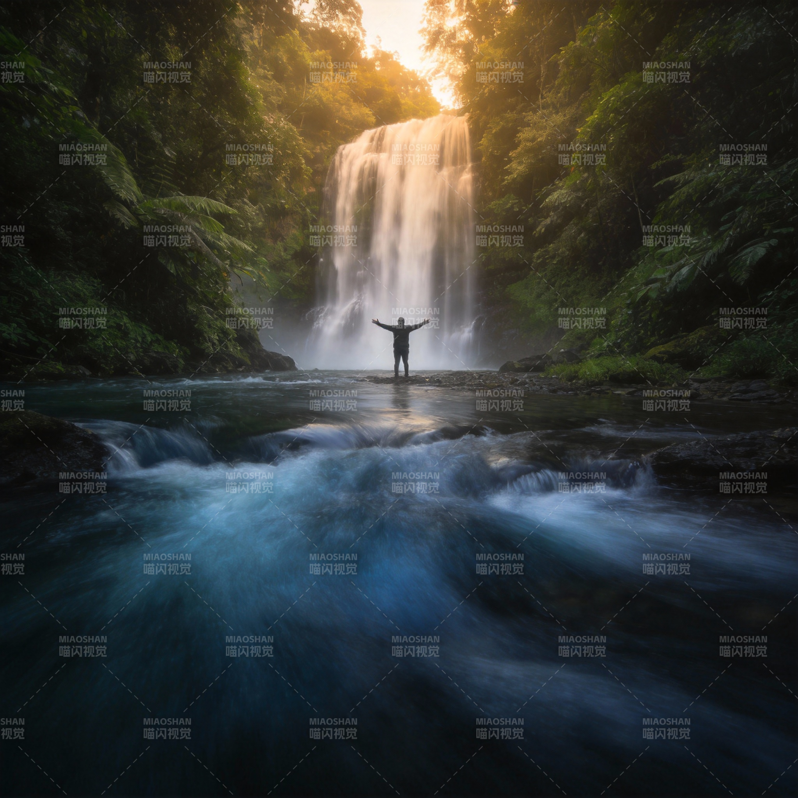 瀑布前的静谧时刻图片