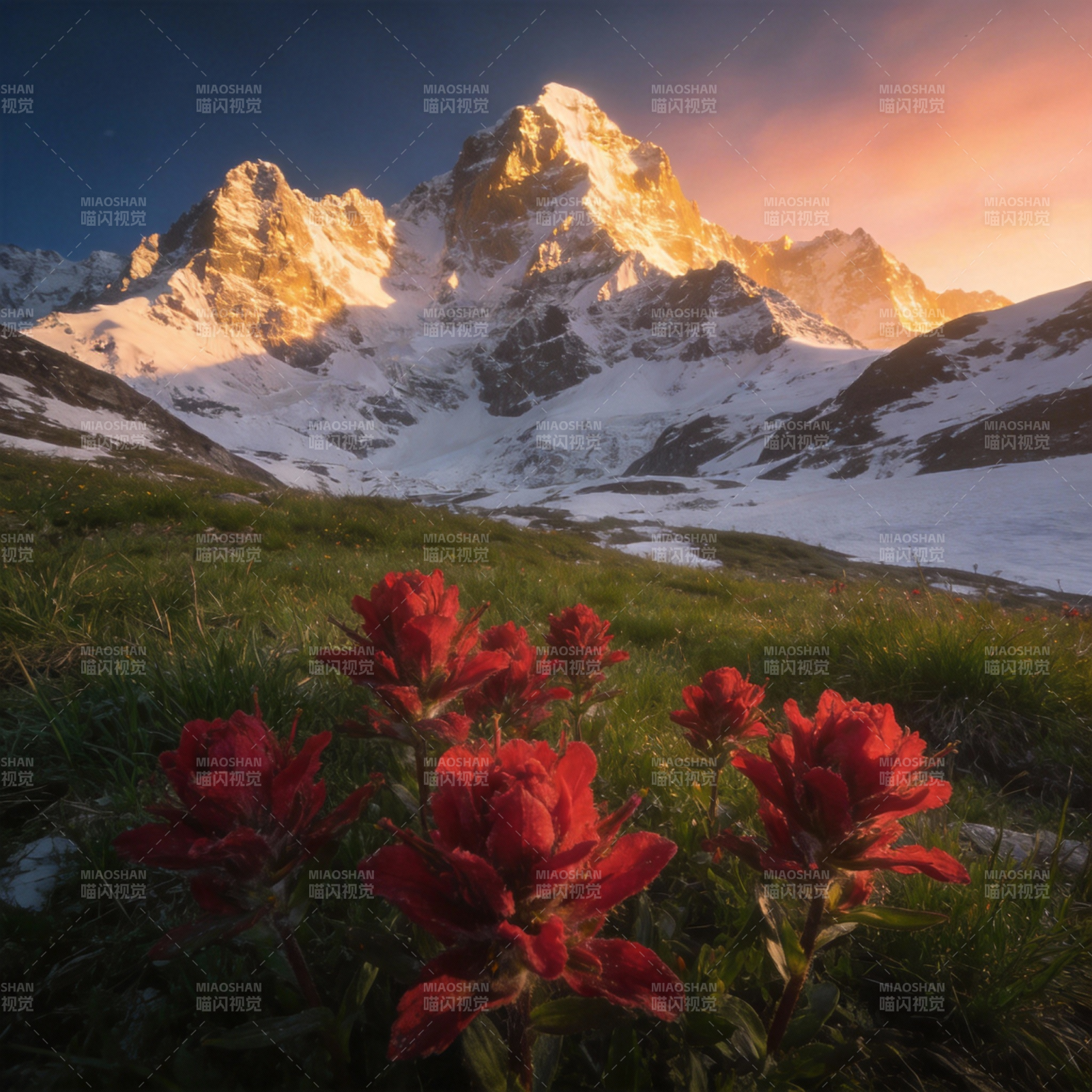 雪山红花映朝霞图片