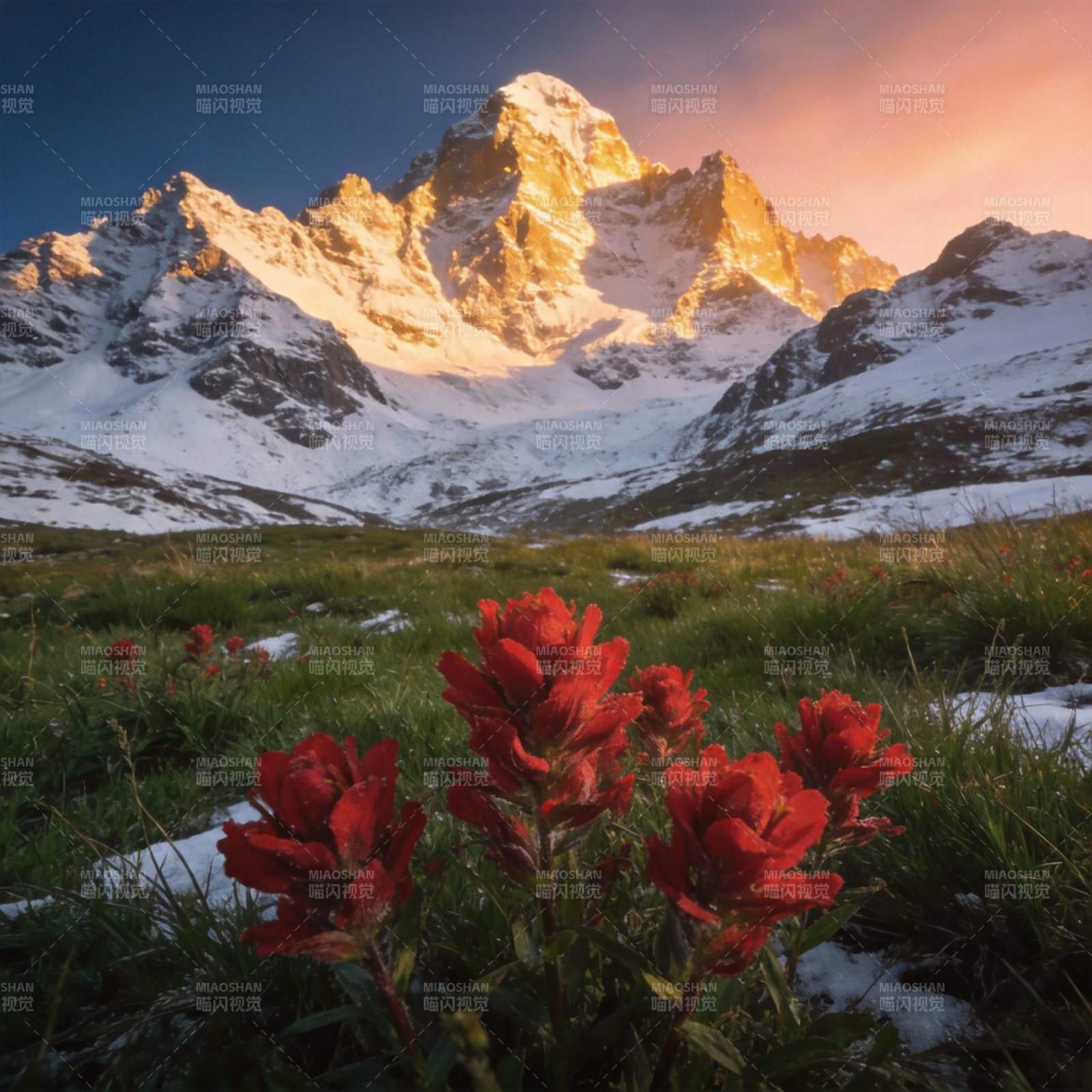 雪山映红花图片