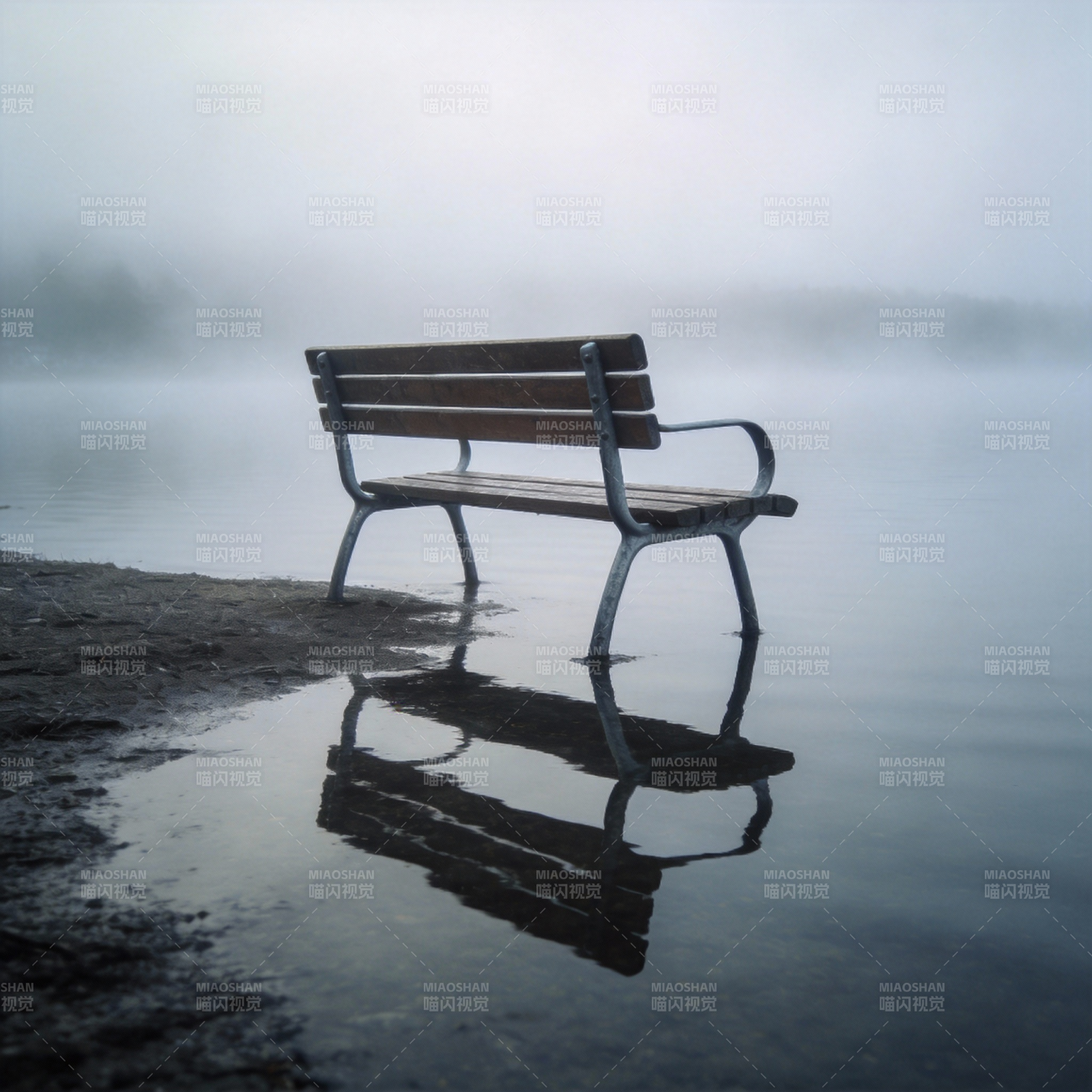 湖畔孤椅静影图片