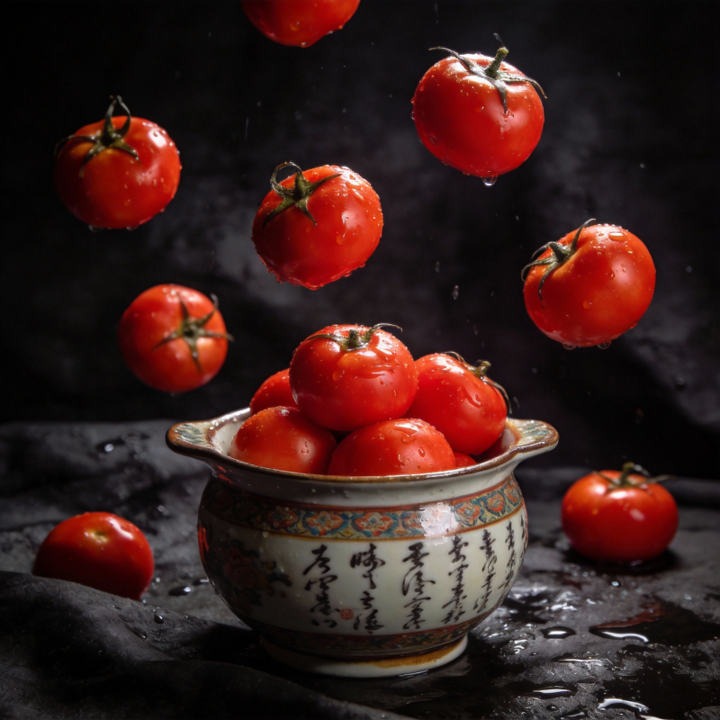 番茄飞溅入碗中图片