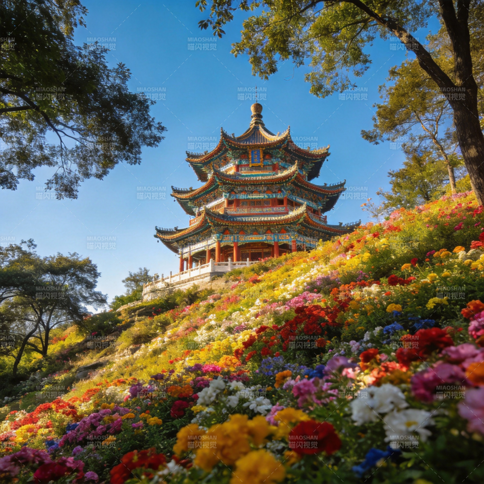 花海中的古塔图片