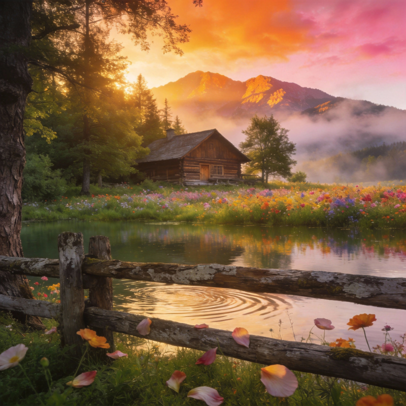 山居晨曦花影图片