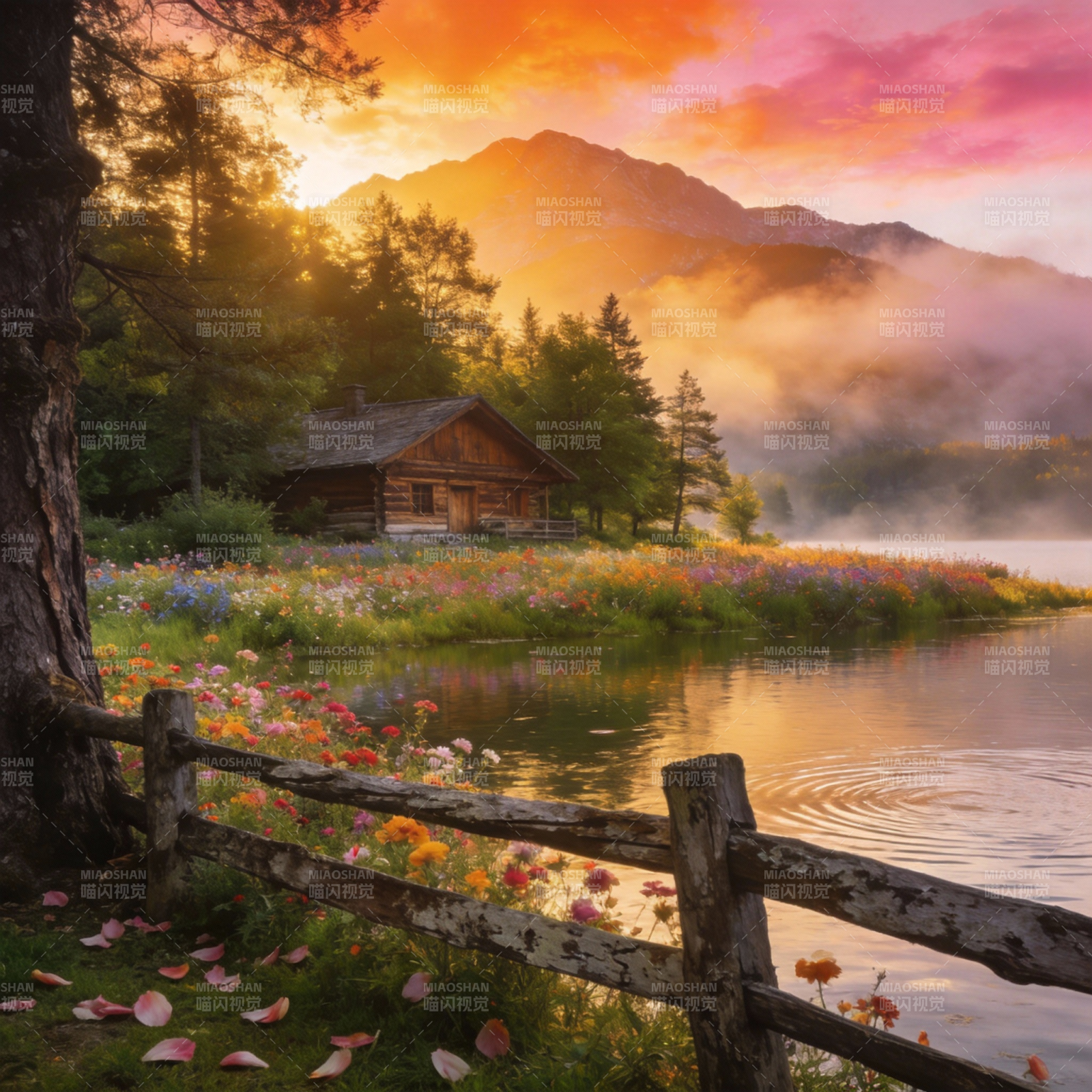 湖畔木屋晨曦图片