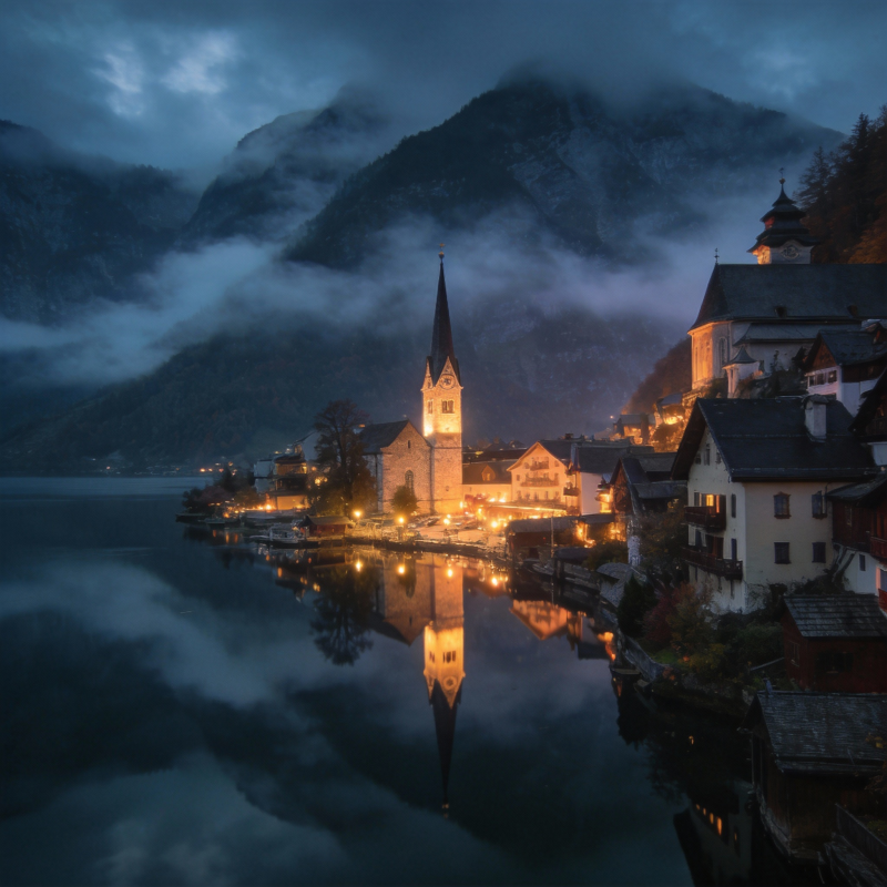 湖畔夜景 山影如梦图片