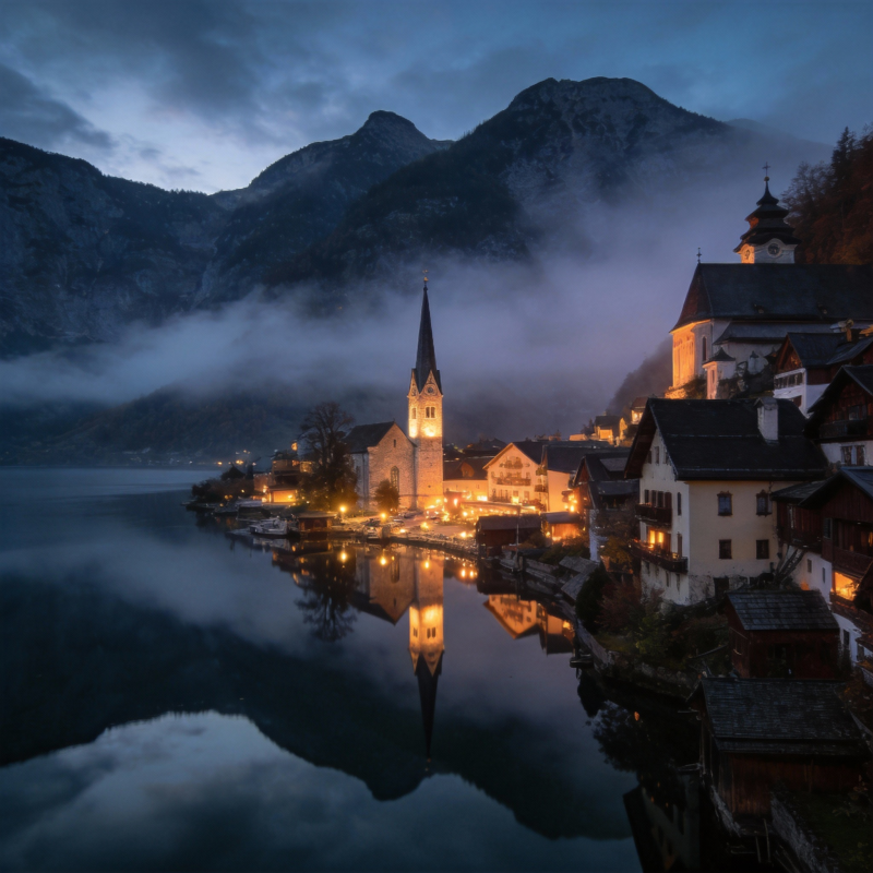 湖畔小镇夜景图片