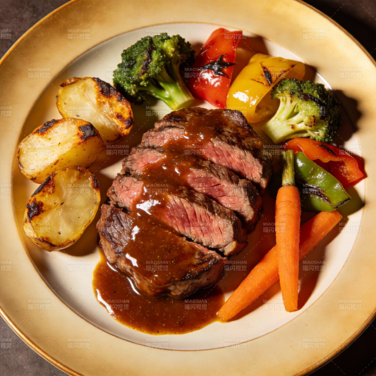 美味牛排配蔬菜图片