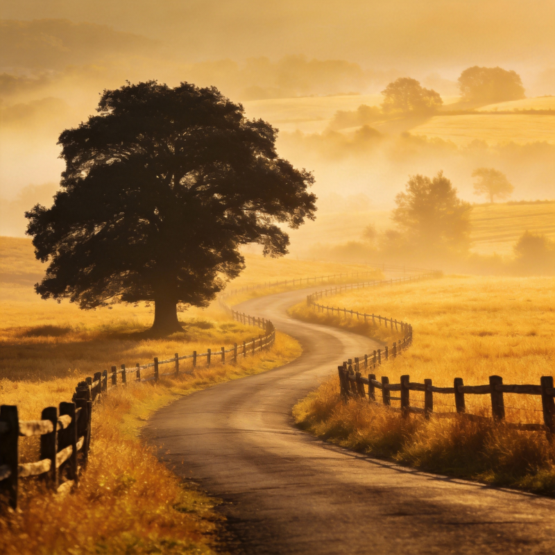 金秋乡道晨雾图片