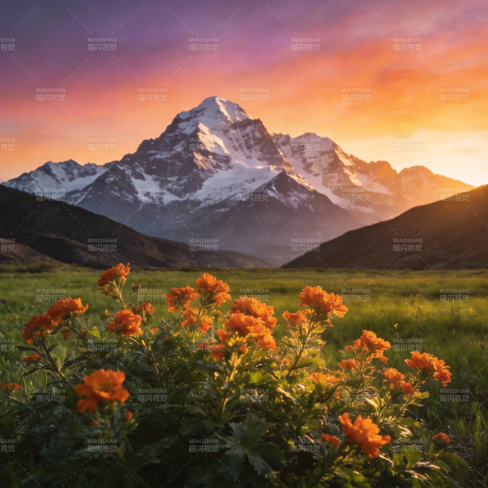 雪山花海日出图片