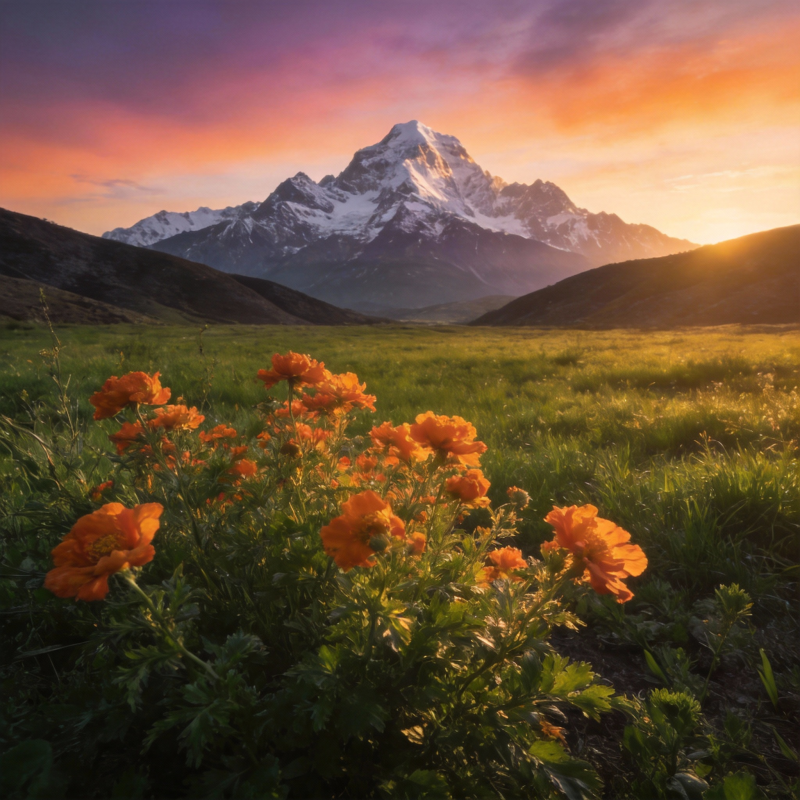 雪山花海日出图片