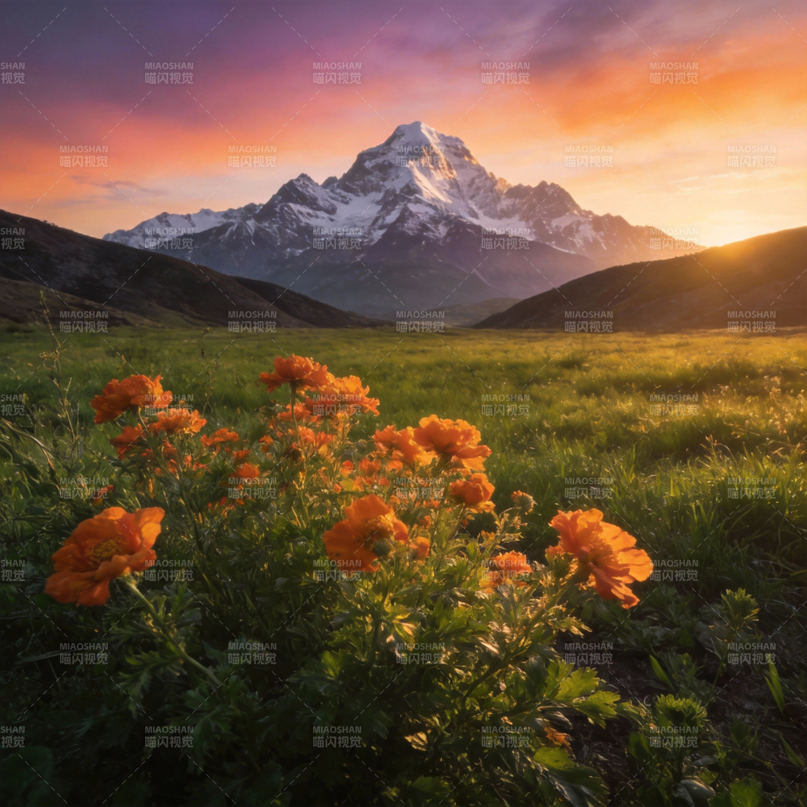 雪山花海日出图片