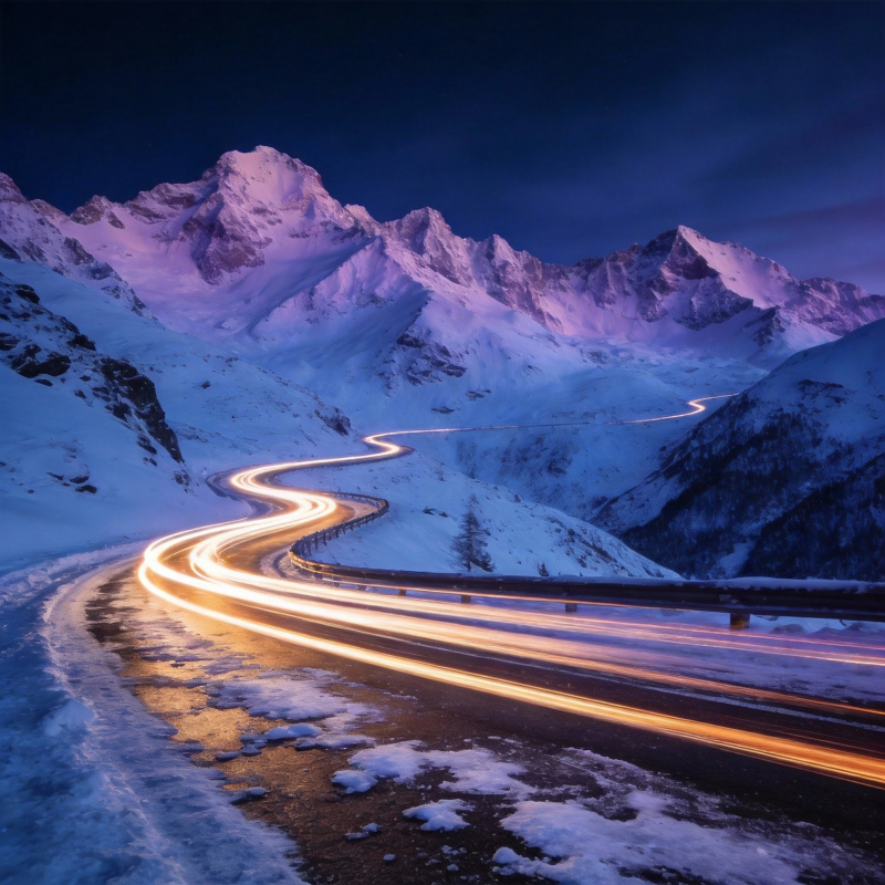 雪夜山路光影图片