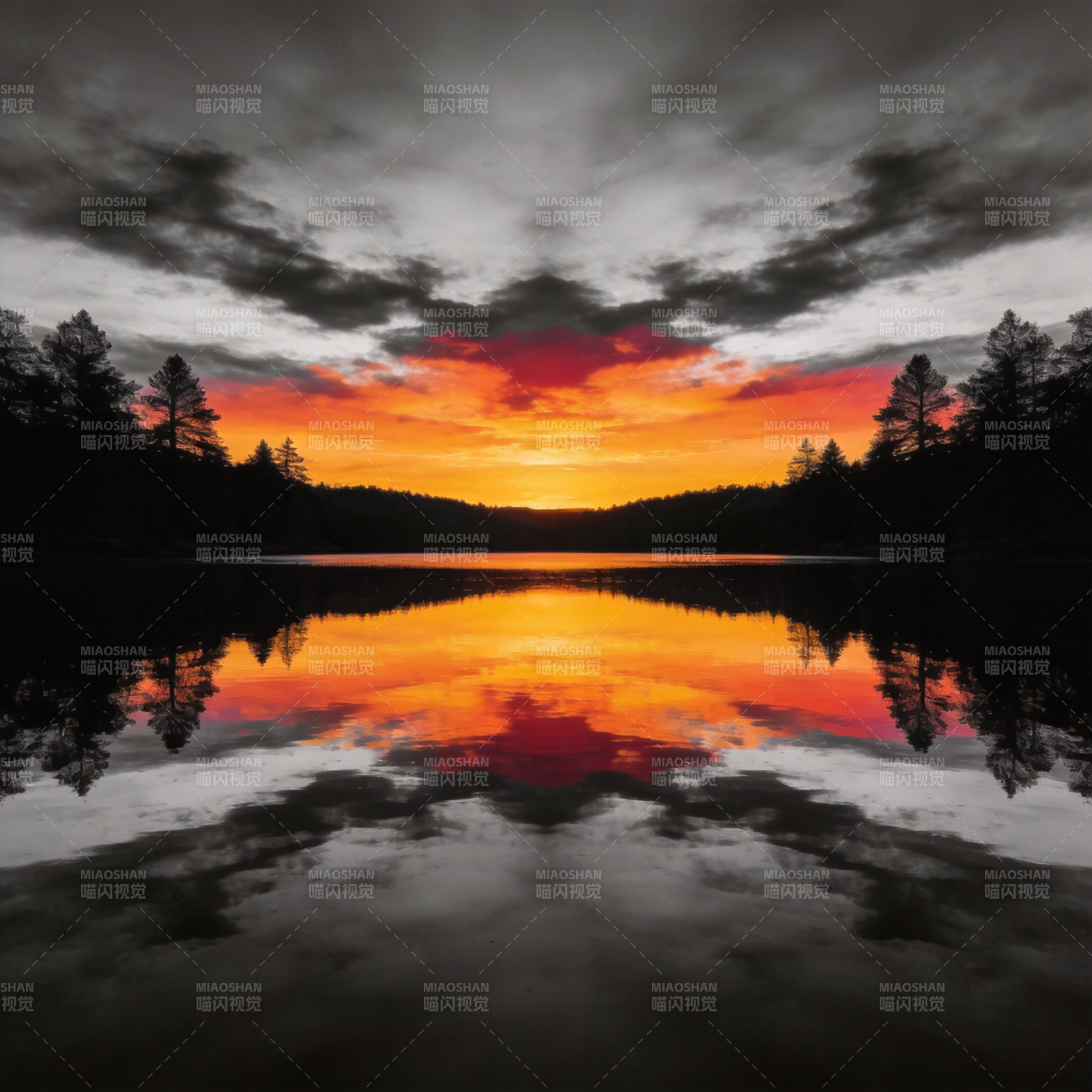 湖畔晚霞映林影图片