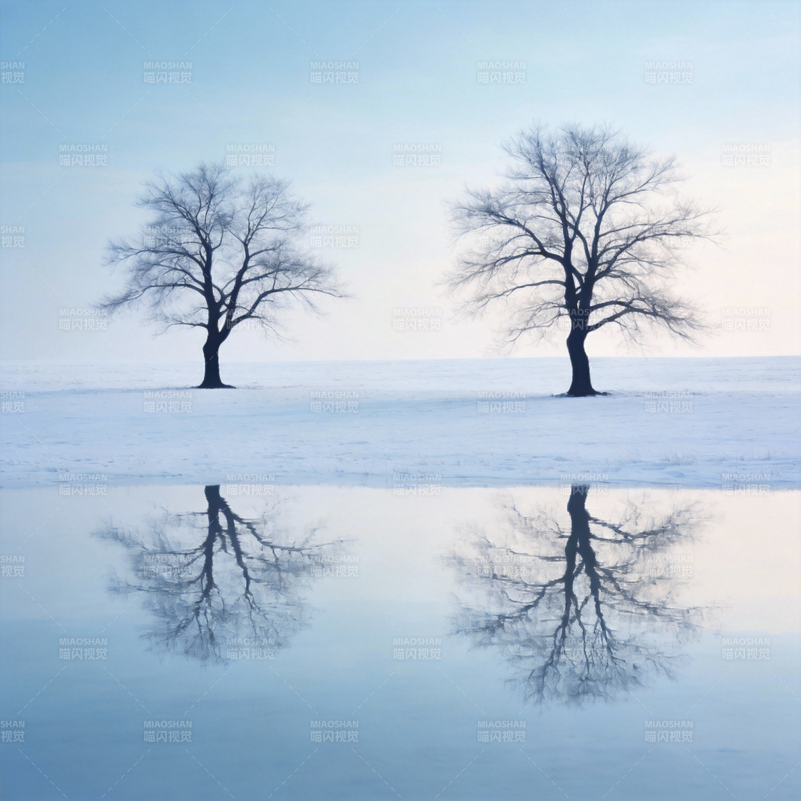 雪地双树倒影图片
