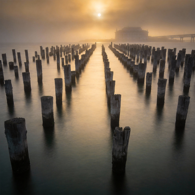 雾中栈桥残影图片