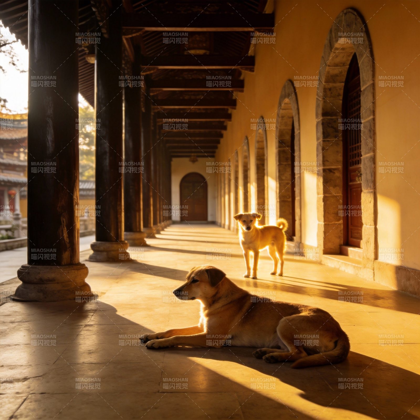 廊下双犬沐浴阳光图片