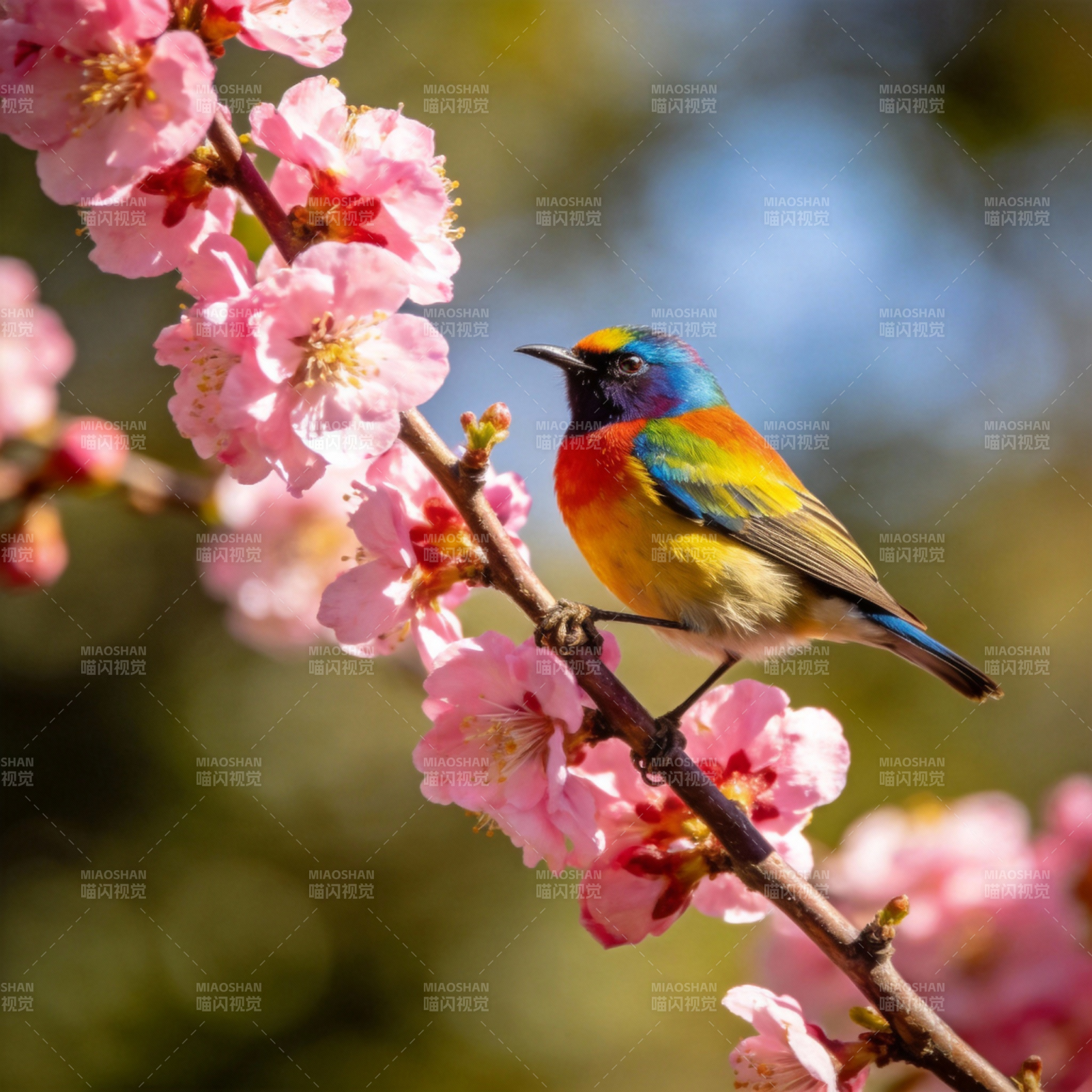 彩鸟栖花枝图片