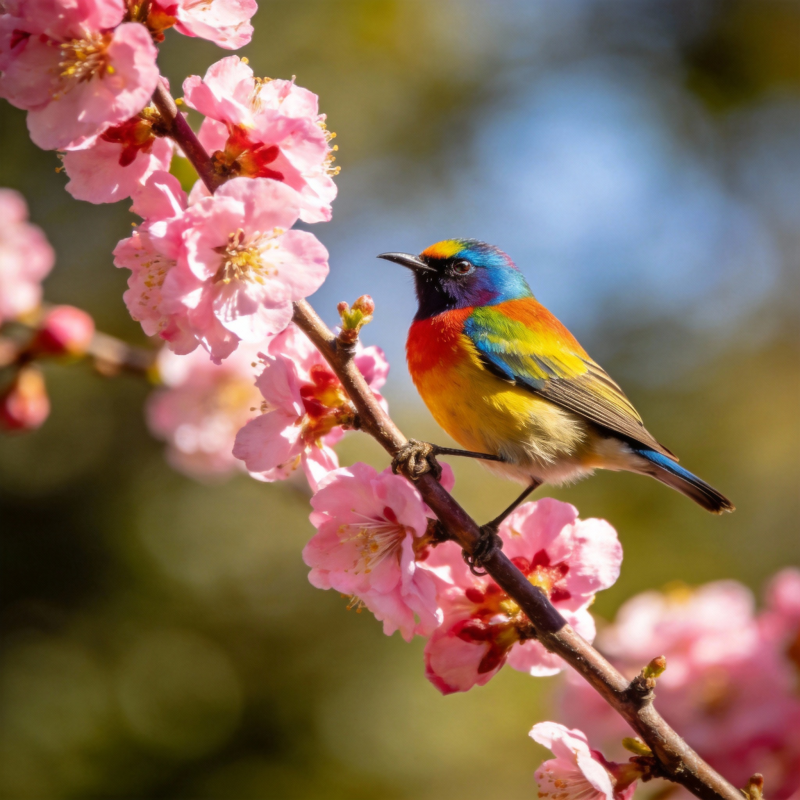 彩鸟栖花枝图片