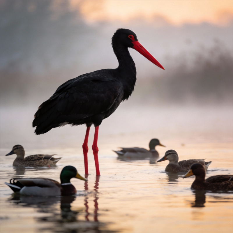 黑鹳立水鸭群旁图片