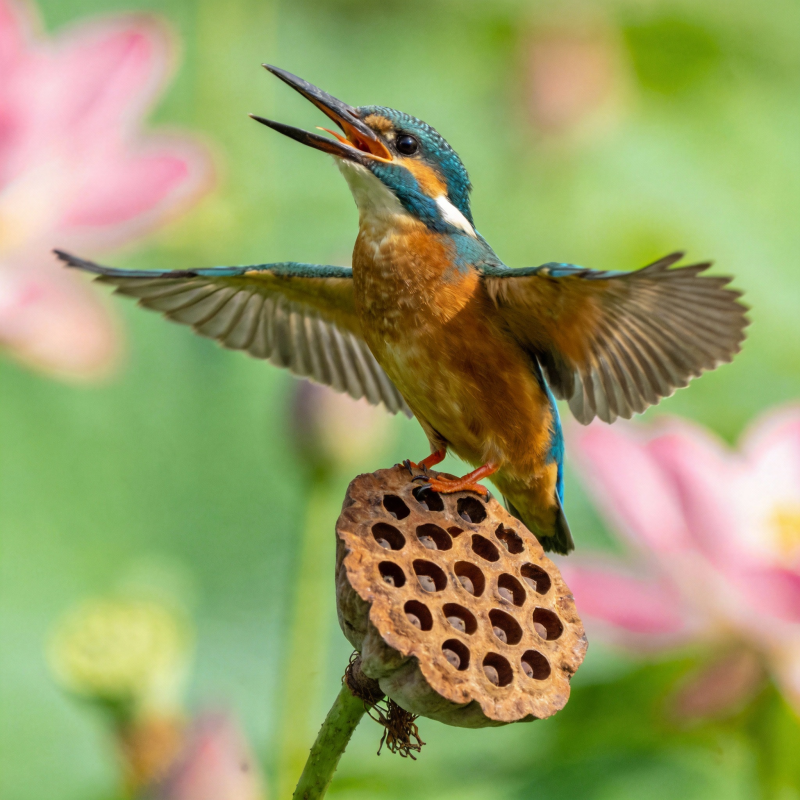 翠鸟栖莲蓬图片